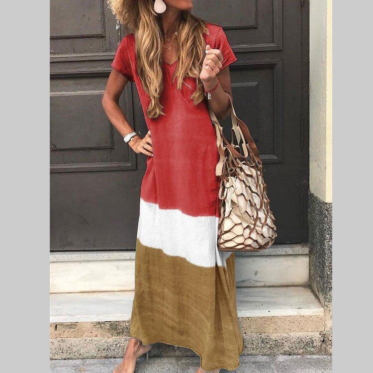 Casual Loose Plus Size Female Summer 2023 T-shirt Maxi Dress Contrast Patchwork Colour Short Sleeve V-Neck Women Long Dresses