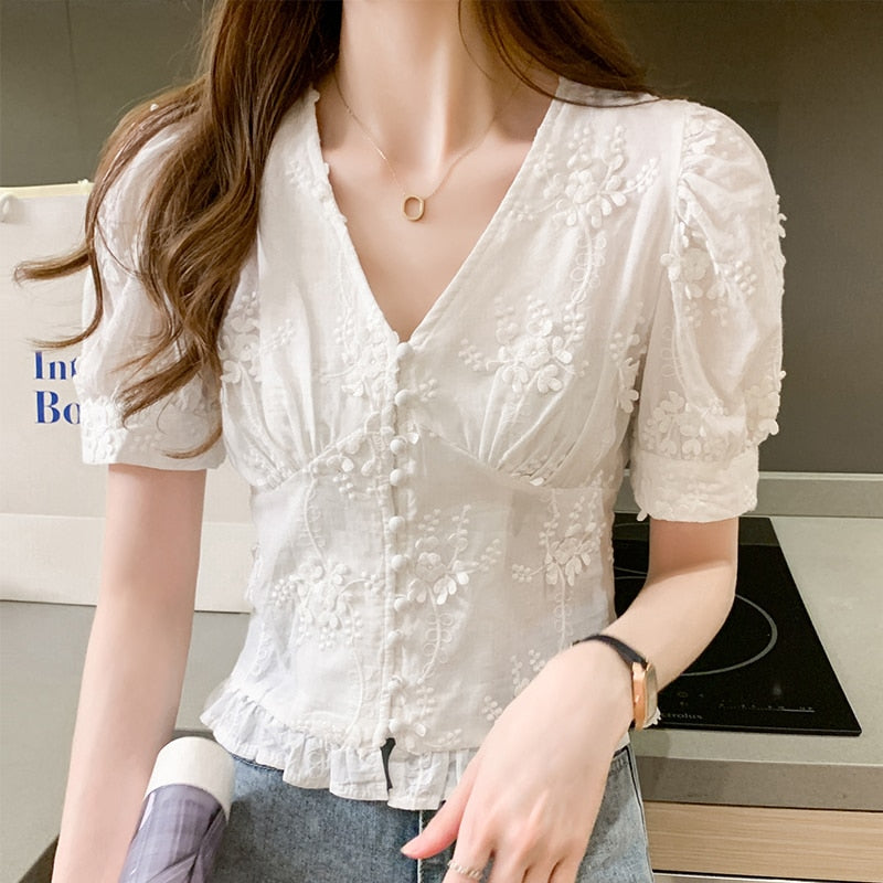 Sweet White Lace Tops Women Casual Puff Short Sleeve V-neck Embroidered Shirt 2023 Fashion Clothes Elegant Elastic Blouse 9778