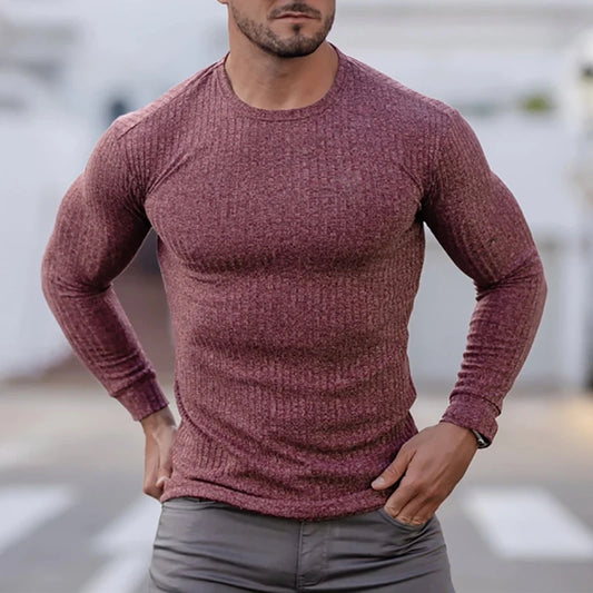 Spring Autumn Knitted Sports Long-sleeved Men's Slim Fit Round Neck Running T-shirt Men Casual Gym Training Bodybuilding Tops