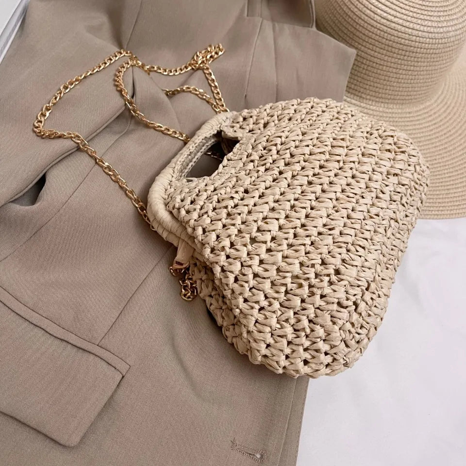 Retro Woven Clutch Bags for Women 2025 Straw Shell Chain Handbag Messenger Bag Ladies Holiday Beach Eco-friendly Crossbody Bag