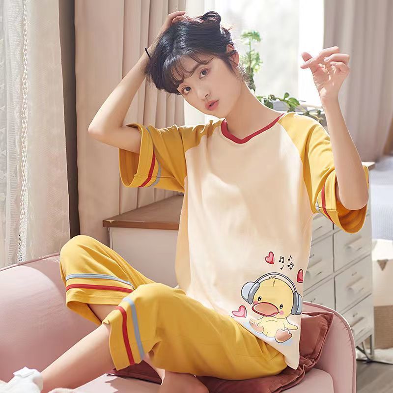 Summer Knitted Cartoon Rabbit Print Two Piece Kawaii Girl Short Sets Women Pajamas Sets Pyjamas Ladies Sleepwear Pijamas Fashion