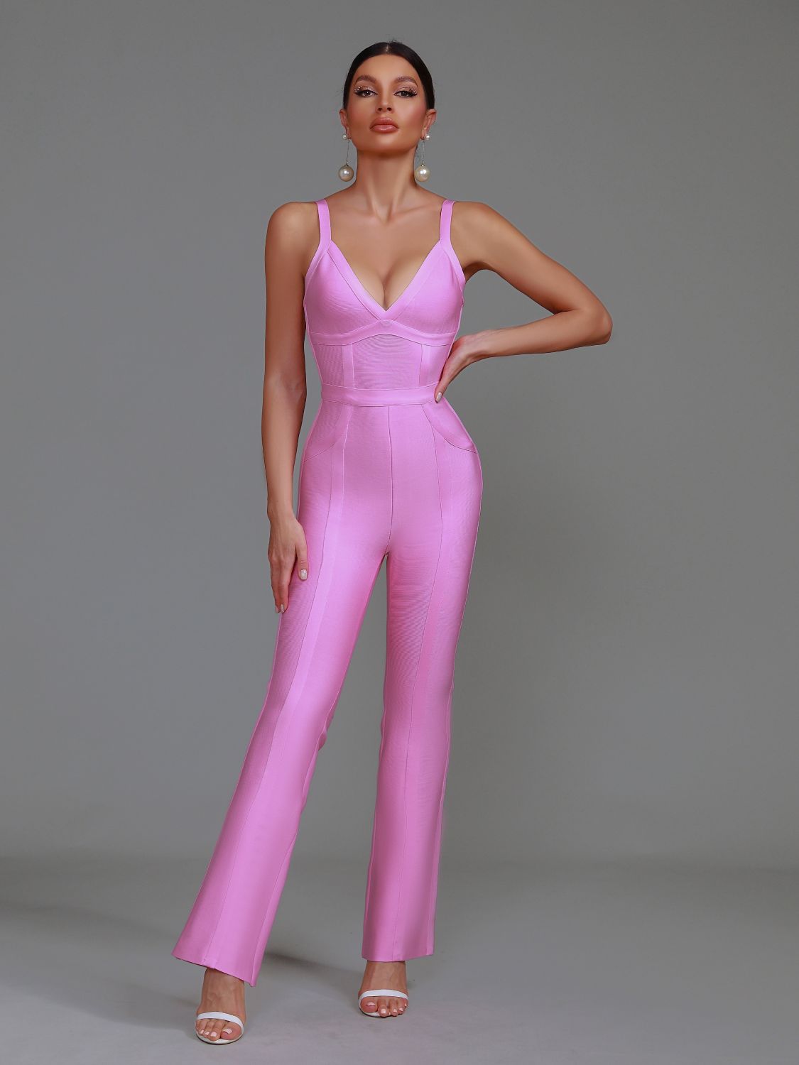 Ribbed Pink Bandage Jumpsuit Women Wide Leg Jumpsuit Bodycon Elegant Sexy Birthday Evening Party Club Outfits Summer 2023