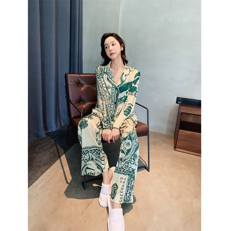 QWEEK Designer Clothes Women Luxury Satin Pajamas Summer Trouser Suits Money Print 2 Piece Set Nightwear Long Sleeve Room Wear