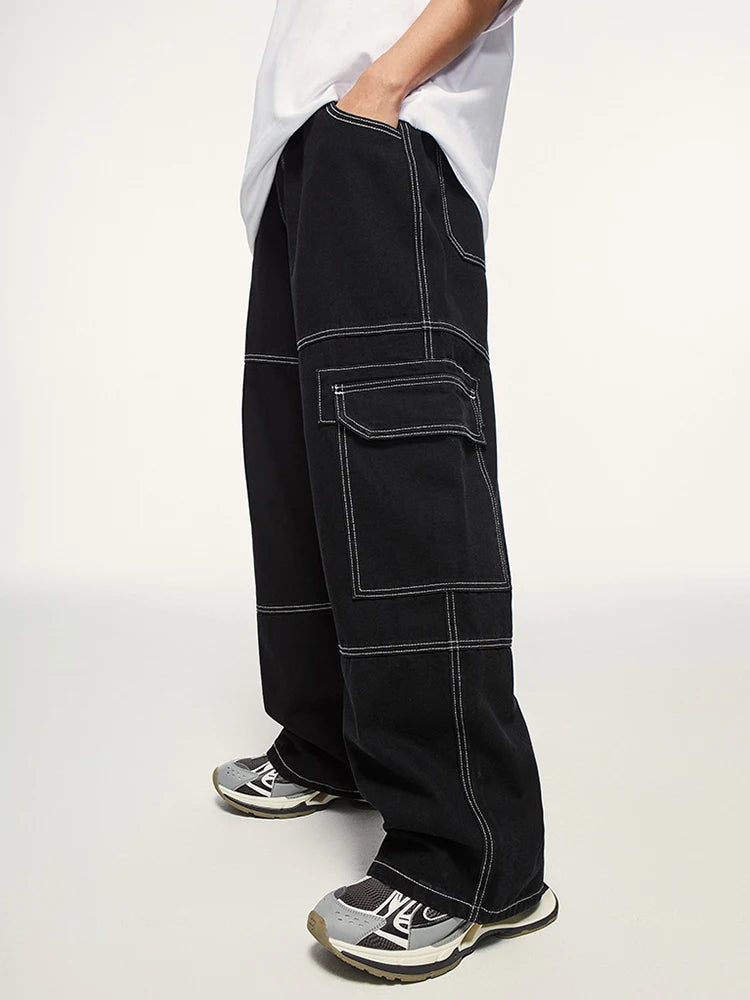 2023 New Black Multi Pocket Loose Wide Leg Jeans Men'S Y2k Casual Fashion Jeans Cargo Pants Side Large Pocket Street Men'S Wear