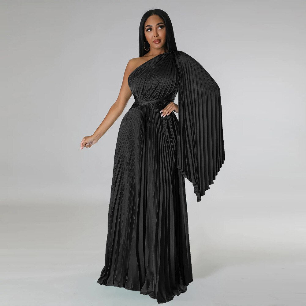 CM.YAYA Vintage Women One Shoulder Clock Sleeve Sashes High Waist Big Swing Pleated Maxi Long Sexy Party Evening Silk Dress 2023