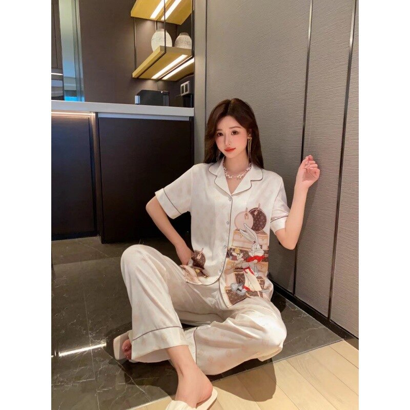 Summer 2023 New Cartoon Rabbit Stylish Bag Printed Ice Silk Pajamas Women's Short Sleeve Trousers Suit Homewear