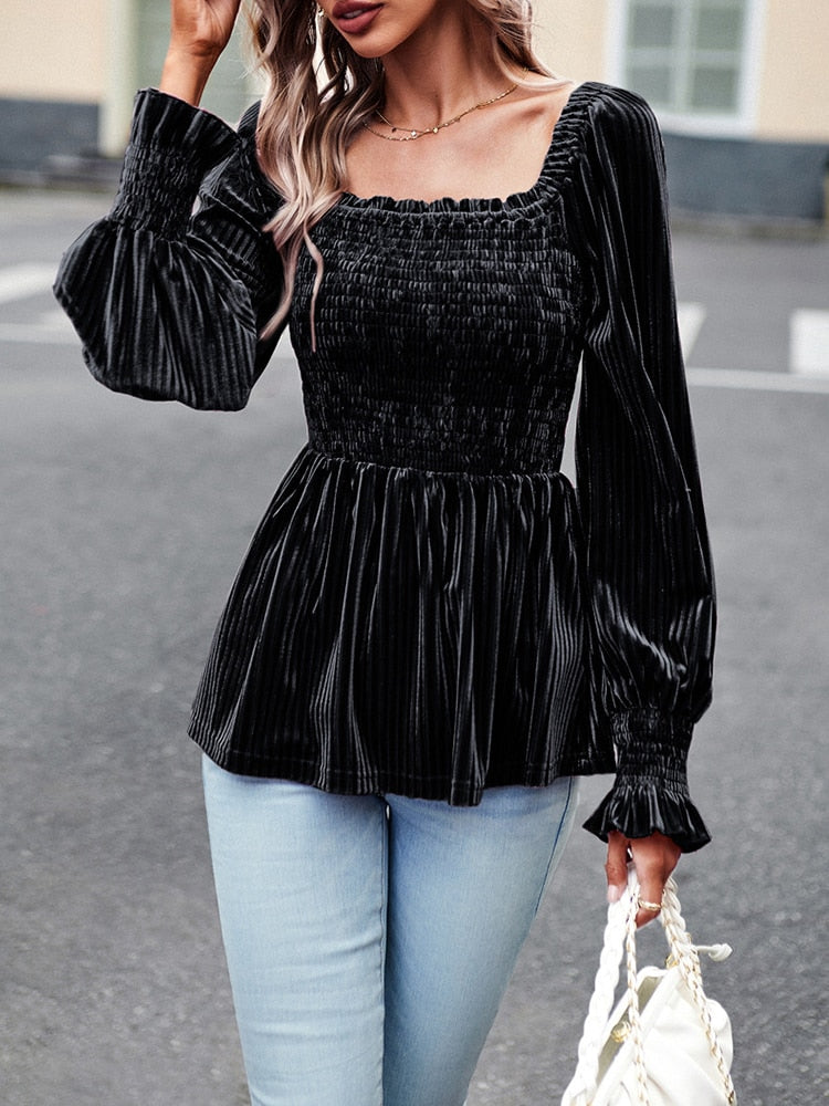 Elegant Velvet Women&#39;s Blouse Black Square Collar Long Sleeve Top Fashion Youth Ruffle Shirts Autumn Clothes For Women 2023 New