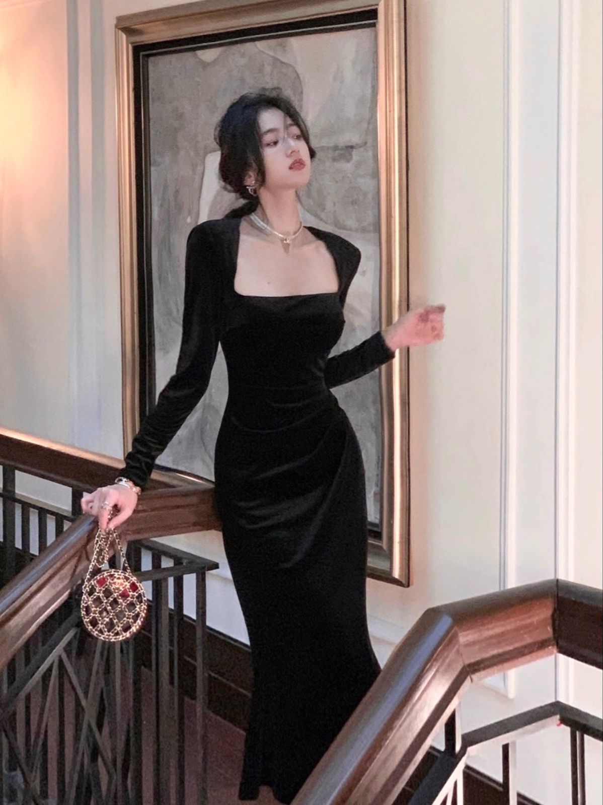 Autumn New Women Elegant Long Black Velvet Dress Sexy Prom Evening Party Birthday Club Fashion  One Piece Clothing