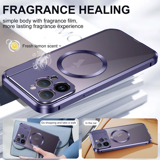 For iphone 15 14 13 Pro Max Case Metal Aluminum alloy Magnetic suction car phone holder Perfume temptation Protective back Cover