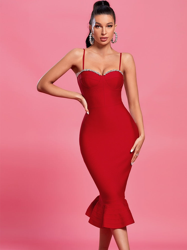 Crystal Bandage Dress Women Red Party Dress Bodycon Elegant Sexy Mermaid Midi Evening Birthday Club Outfit 2023 Summer New