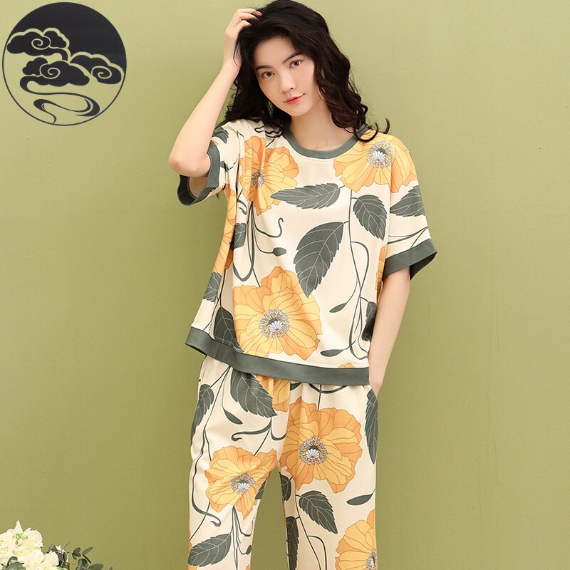 Summer Knitted Cotton Elegant Pajamas Set Women Pyjamas Polka Dots Sleepwear Nightwear Pijama Mujer Plus Size Calf-Length Pants