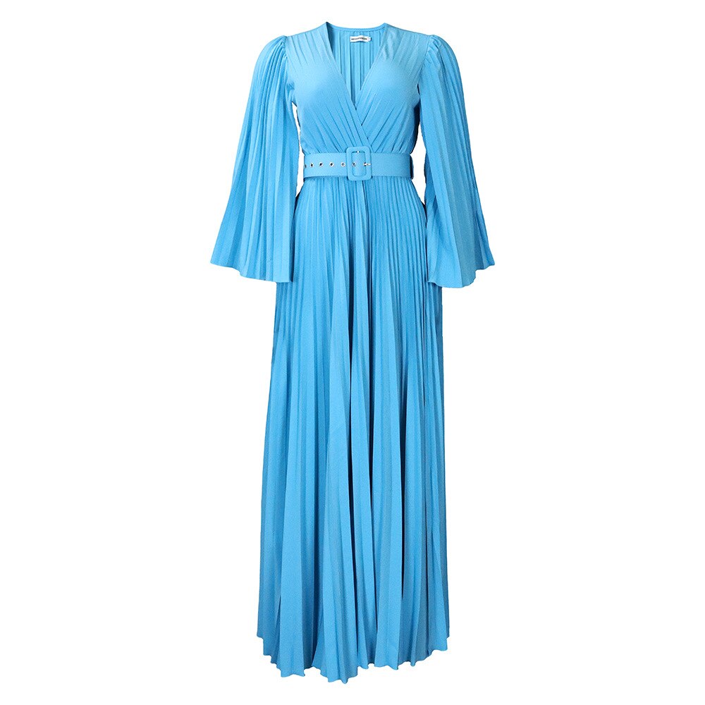 CM.YAYA Pleated Wraped V-neck Flare Sleeve Big Swing Floor Length Maxi Long Dresses for Women Autumn Winter Party Prom Dress