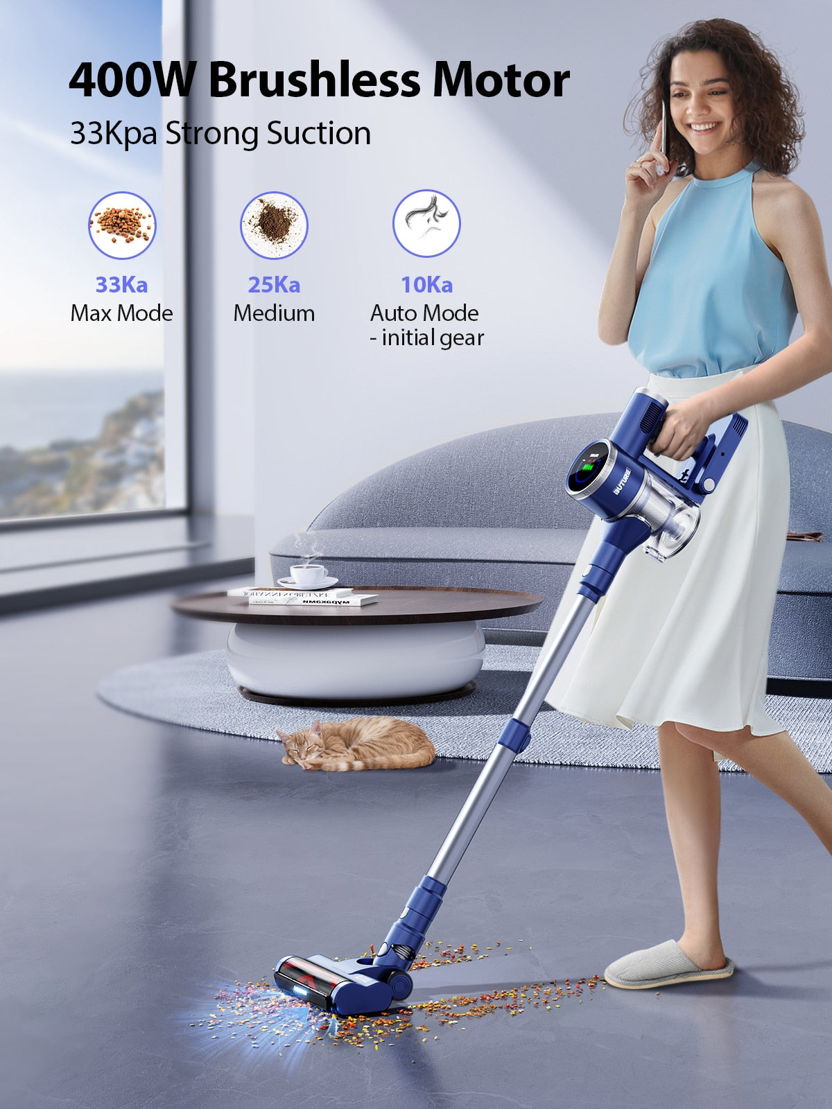 55 Mins 33KPA Suction Power 400W Cordless Vacuum Cleaners for Pet Home Appliance 1L Dust Cup Removable Battery Handheld JR600