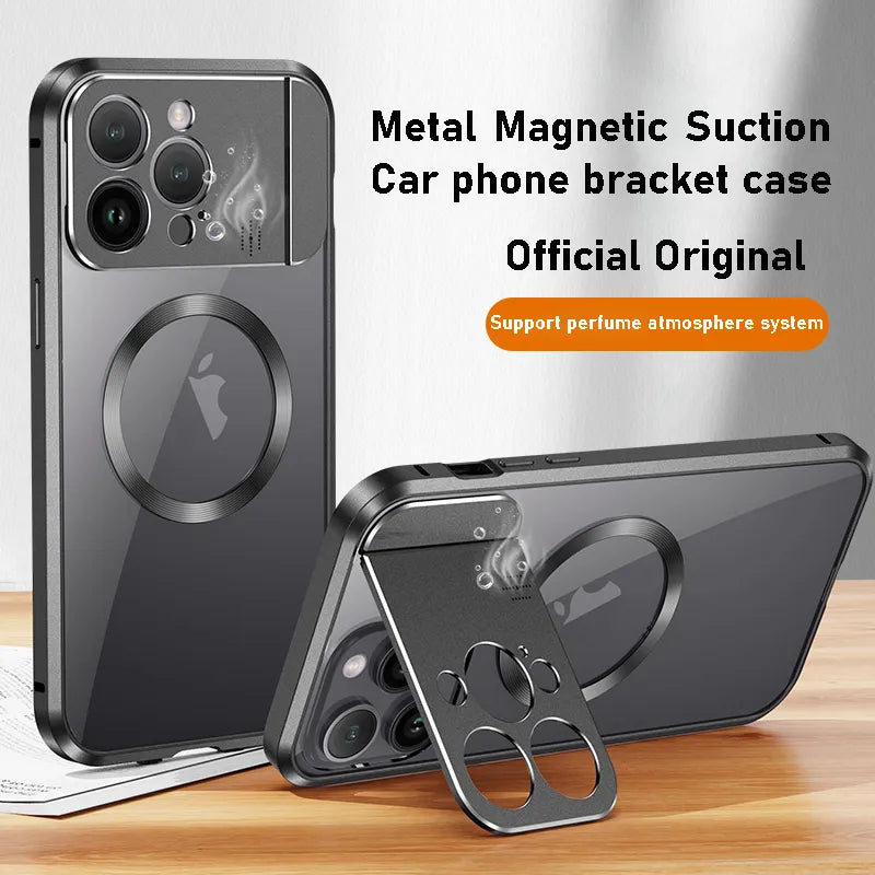 For iphone 15 14 13 Pro Max Case Metal Aluminum alloy Magnetic suction car phone holder Perfume temptation Protective back Cover