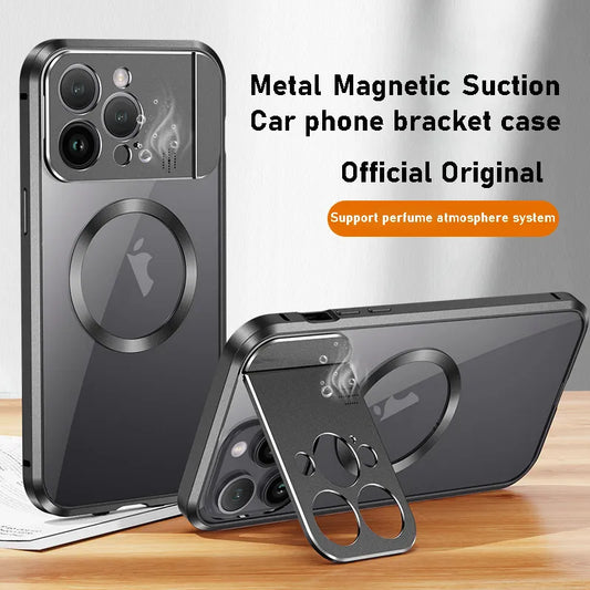 For iphone 15 14 13 Pro Max Case Metal Aluminum alloy Magnetic suction car phone holder Perfume temptation Protective back Cover