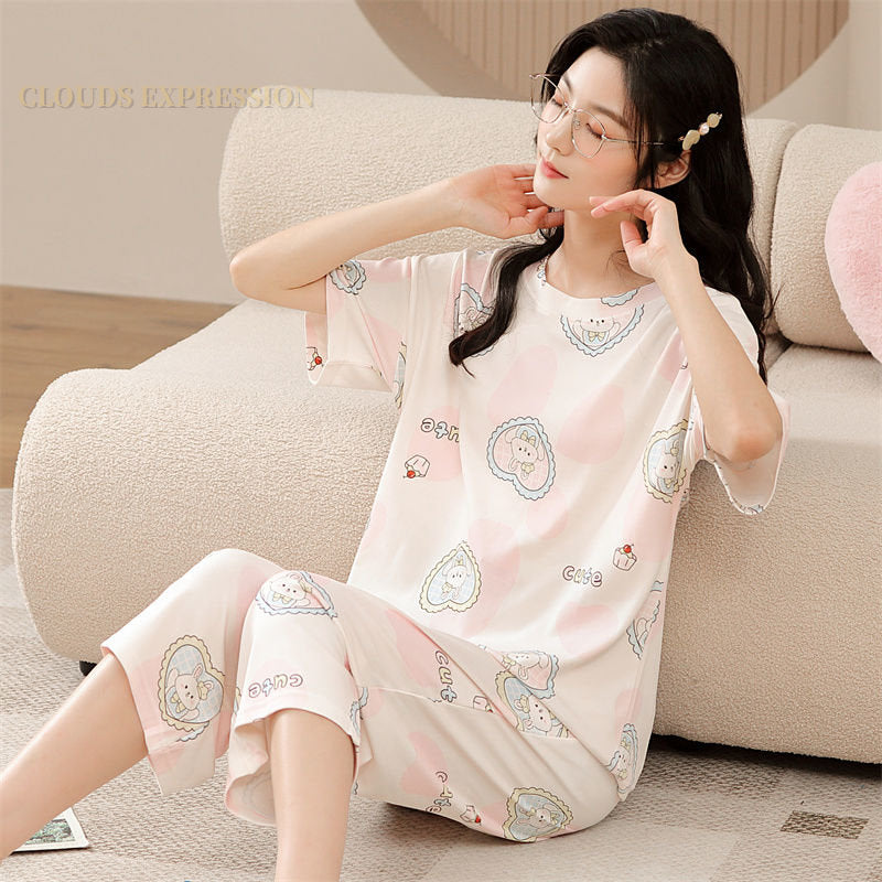 Summer Knitted Cartoon Rabbit Print Two Piece Kawaii Girl Short Sets Women Pajamas Sets Pyjamas Ladies Sleepwear Pijamas Fashion