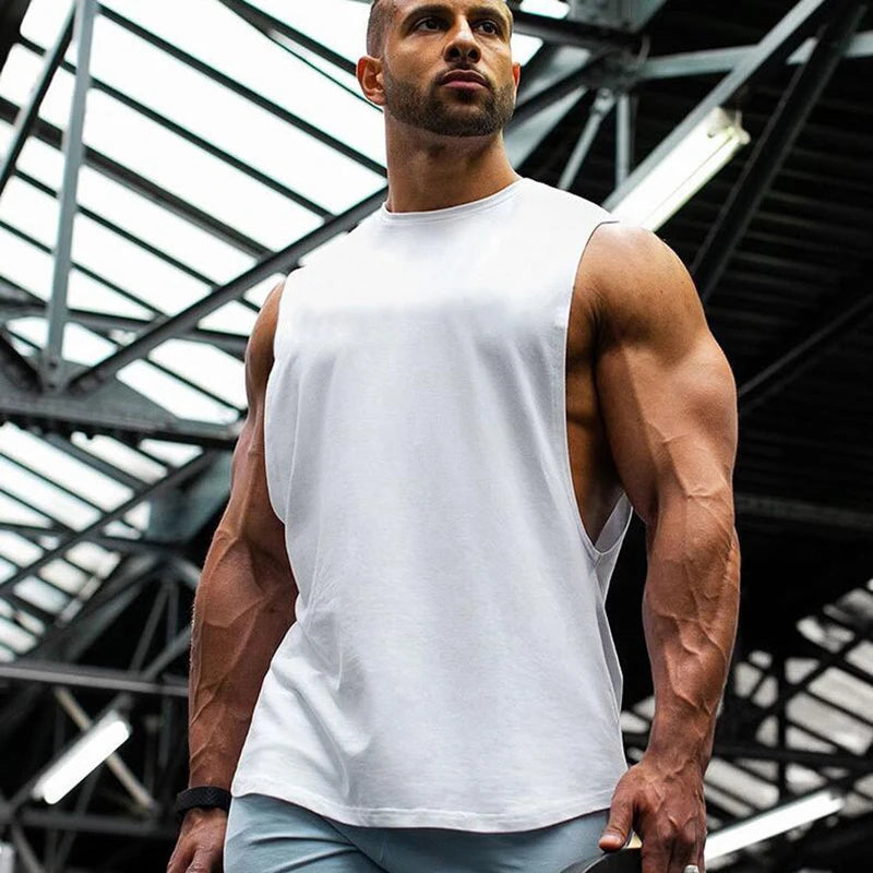 New Brand Gym Clothing Bodybuilding Drop Armhole Tank Top Men Fitness Solid Color Cotton Side Cut Off Sleeveless T-Shirt