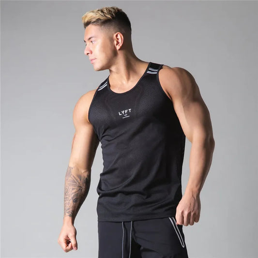 Men's Fitness Gym Mesh Breathable Striped Tank Top Men's Sleeveless Shirts Men's Sports Tank Top Gym Running Crew Tank Top Men's