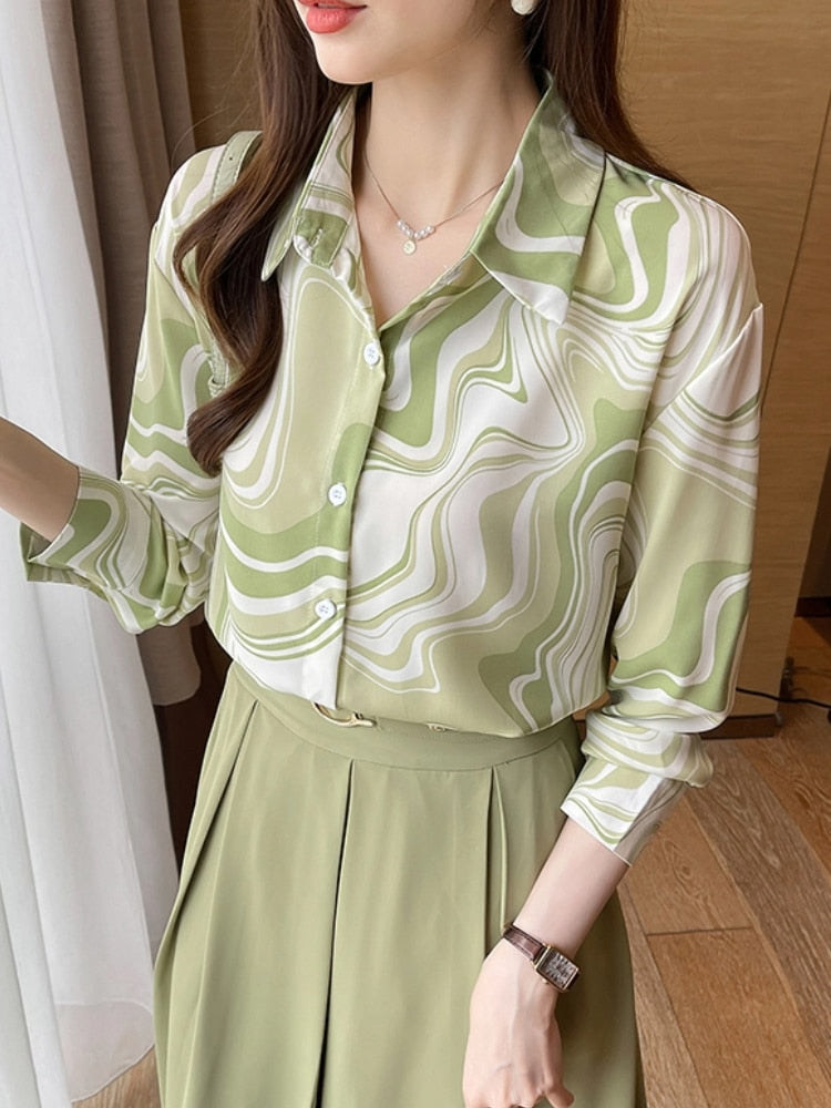 Elegant and Chic Women Fashion New Shirts Tops Long Sleeve Print Vintage Slim Party Business Blouses Office Ladies Clothings