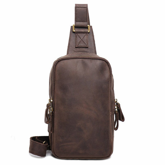 Men Crazy Horse Cow Leather Chest Bag Zipper Retro Male Motorcycle Outdoor Chest Bag Casual and Simple Single-Shoulder Bag
