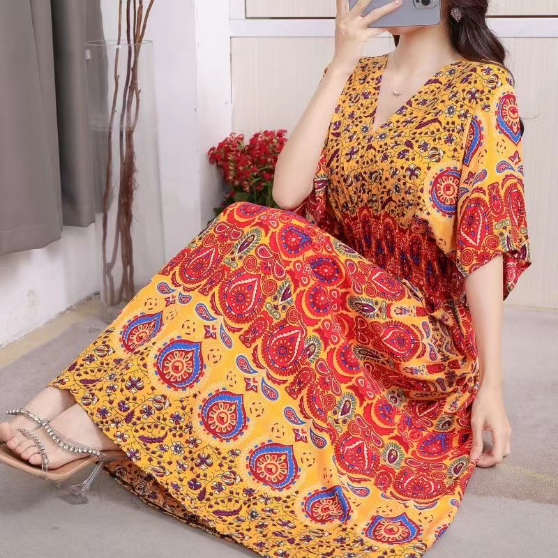 Casual Elegant Retro Style V-neck Tunic Large Swing Printed Dress Long Skirt