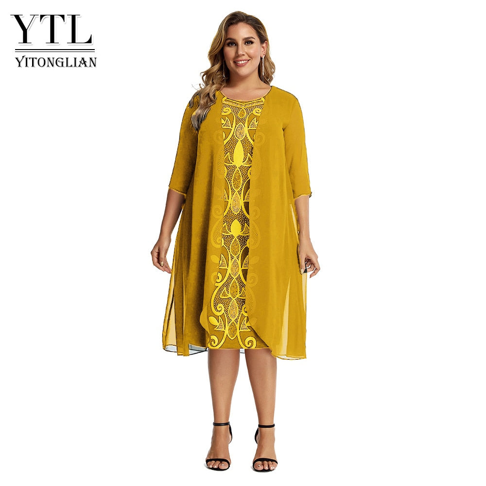 Yitonglian Ladies Vintage Palace Style Casual Tunic Dress for Women Plus Size False Two Piece Spring Summer Vestidos  W110