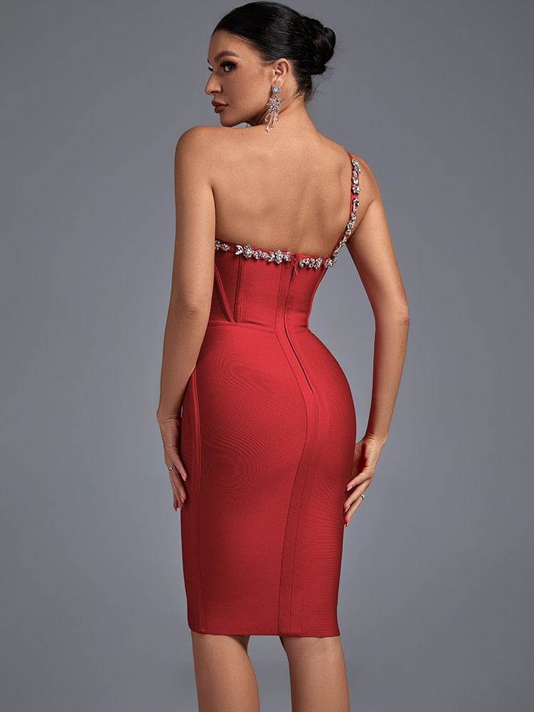 Crystal Bandage Dress Women Red Bodycon Dress Evening Party Elegant Sexy Halter Neck Midi Birthday Club Outfits 2022 Summer New