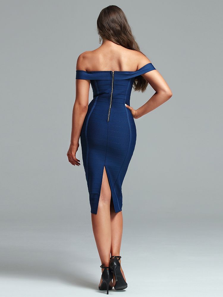 Blue Bandage Dress Chic Woman Evening Party Dress Bodycon Sexy Off Shoulder Midi  Evening Birthday Club Outfit 2022 Summer
