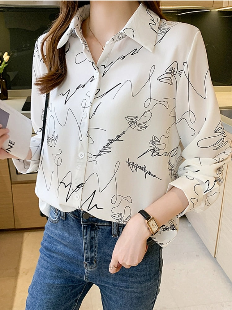 Fashion New Autumn Casual Print Women White Black Shirts Long Sleeve Elegant Slim OL Tops Female Vintage Chic Work Blouses