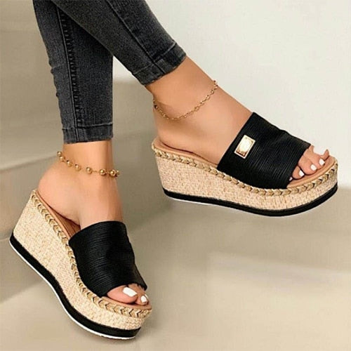 Women Wedges Slippers 2020 Ladies Hemp High Heels Platform Summer Women&#39;s Casual Woman Fashion Denim Female Peep Toe Beach Shoes