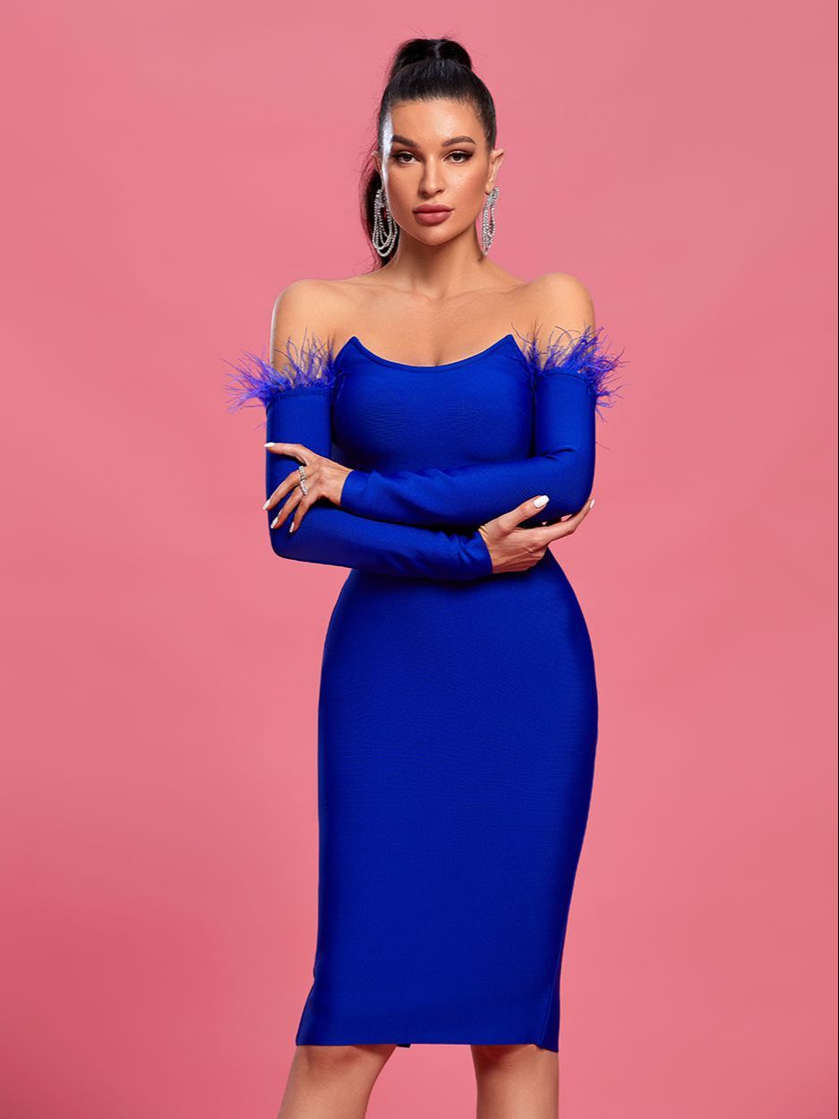 Feather Bandage Dress Women Blue Party Dress Bodycon Elegant Sexy Off Shoulder Long Sleeve Evening Birthday Club Outfit 2023