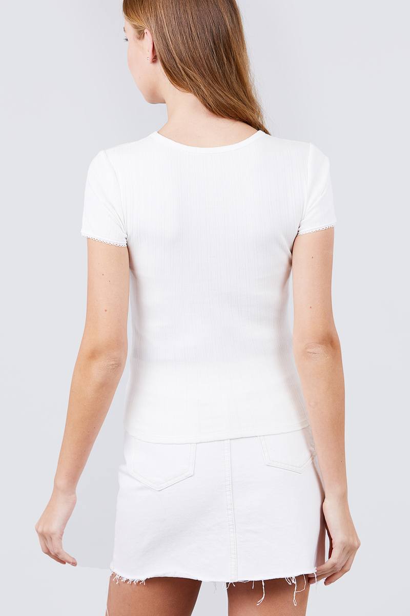 Short Sleeve W/lace Trim Detail Crew Neck Pointelle Knit Top