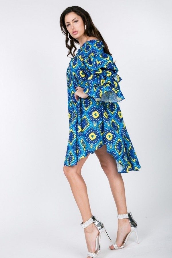 Puffy Ruffle Sleeve Smocking Off Shoulder Print Midi Dress