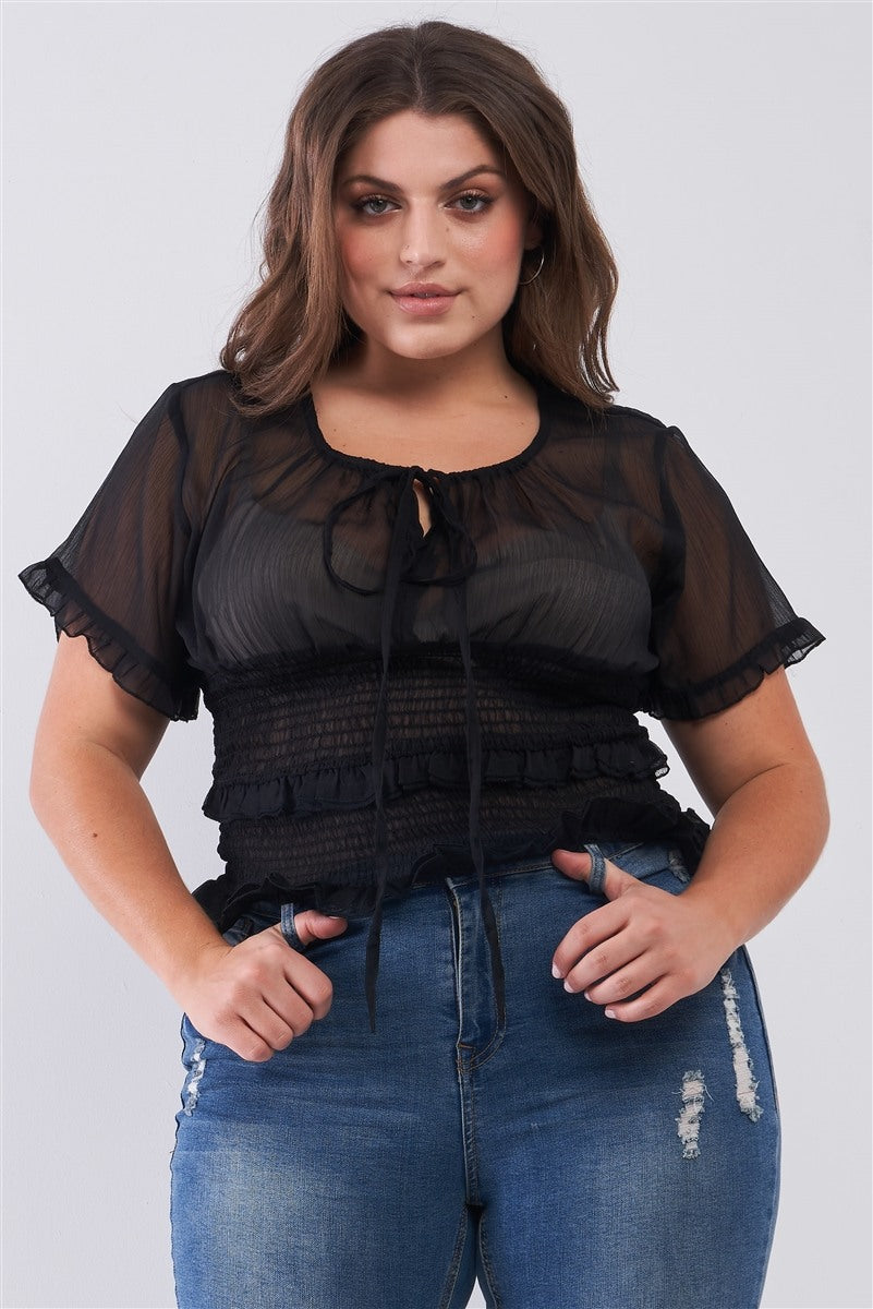 Plus Short Sleeve U-neck With Self-tie Detail Frill Smocked Sheer Top