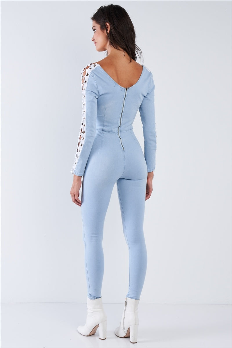 Light Blue Long Sleeved White Side Seam Lace Up V-neck Sexy Denim Jumpsuit