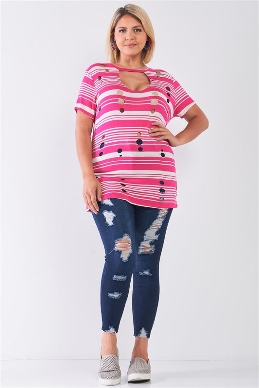 Plus Striped And Distressed Cut-out Top