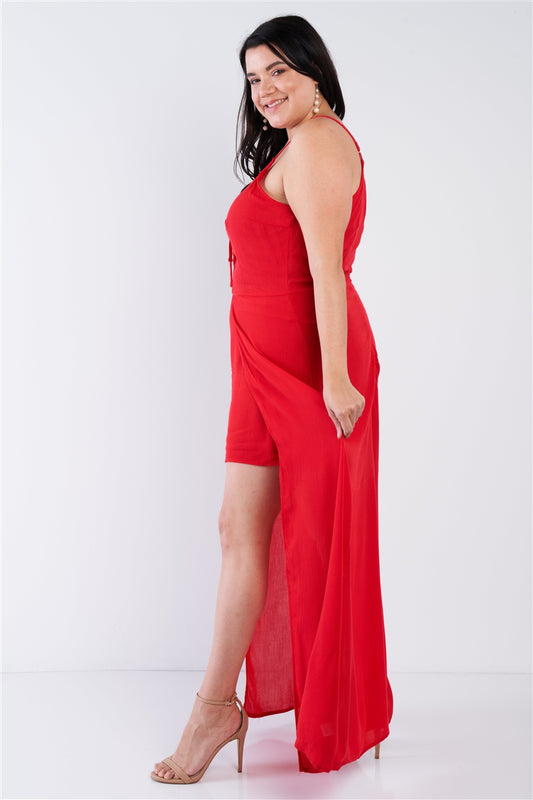 Plus Size Red Maxi Lace Up Romper Dress