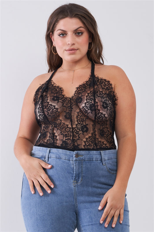 Plus Size Sheer Lace Sleeveless V-neck Criss-cross Back Strap Bodysuit