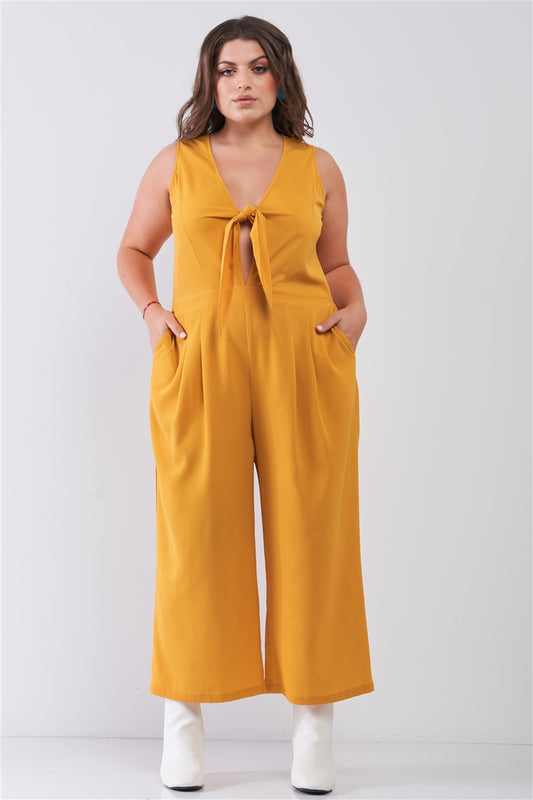 Plus Size Sleeveless V-neck Self-tie Front Detail Wide Leg Jumpsuit www.chishtismart.com