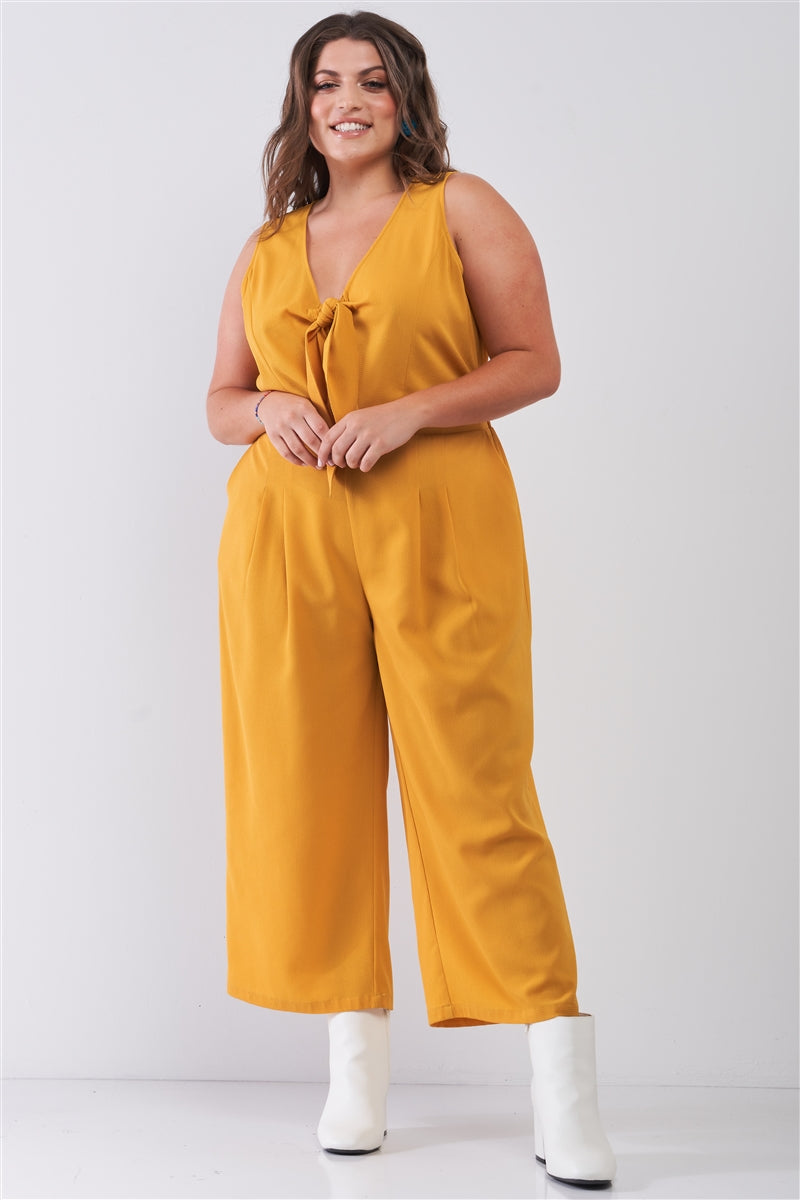 Plus Size Sleeveless V-neck Self-tie Front Detail Wide Leg Jumpsuit www.chishtismart.com