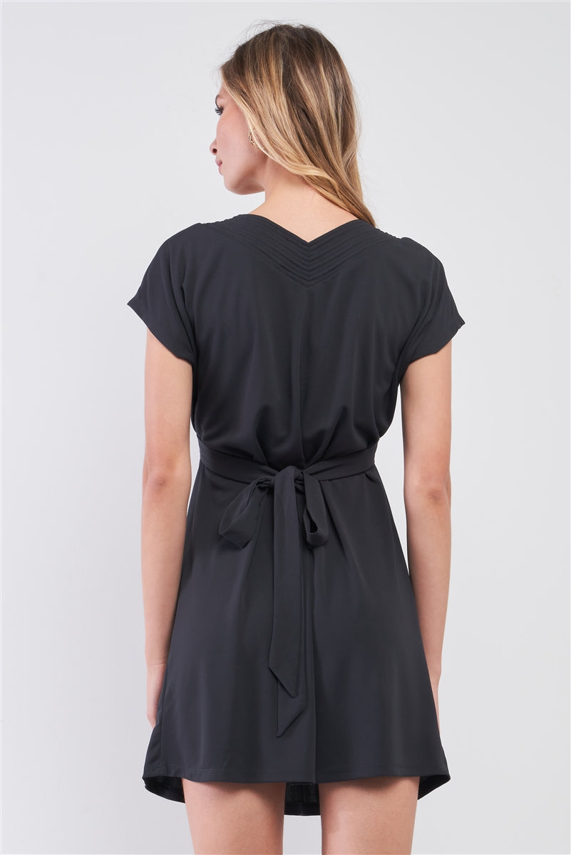 Dusty-navy V-neck Short Sleeve Front Rhombus Detail Back Tie Mini Dress