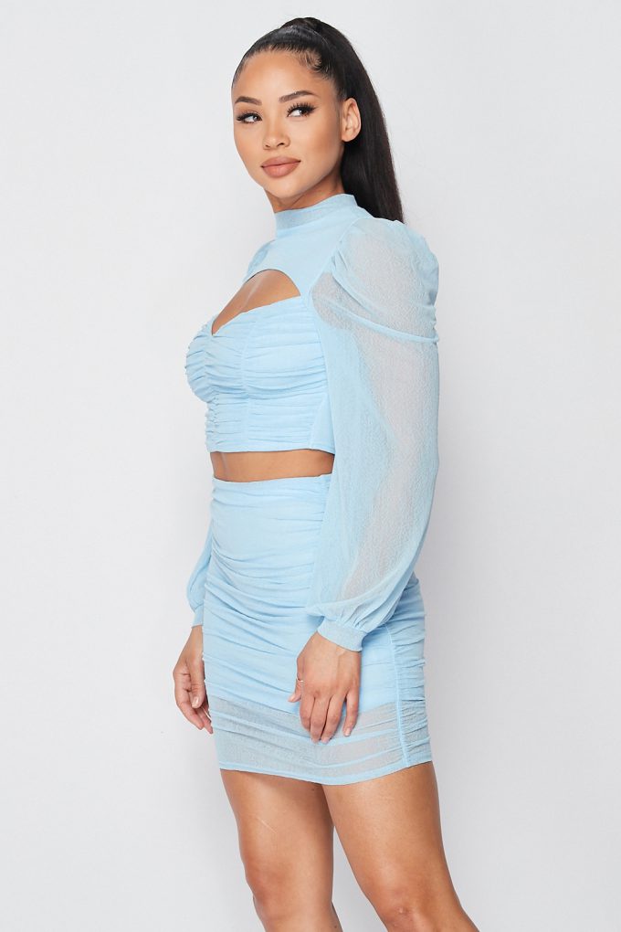 Sexy Sheer Cutout Puff Sleeved Top And Skirt Set