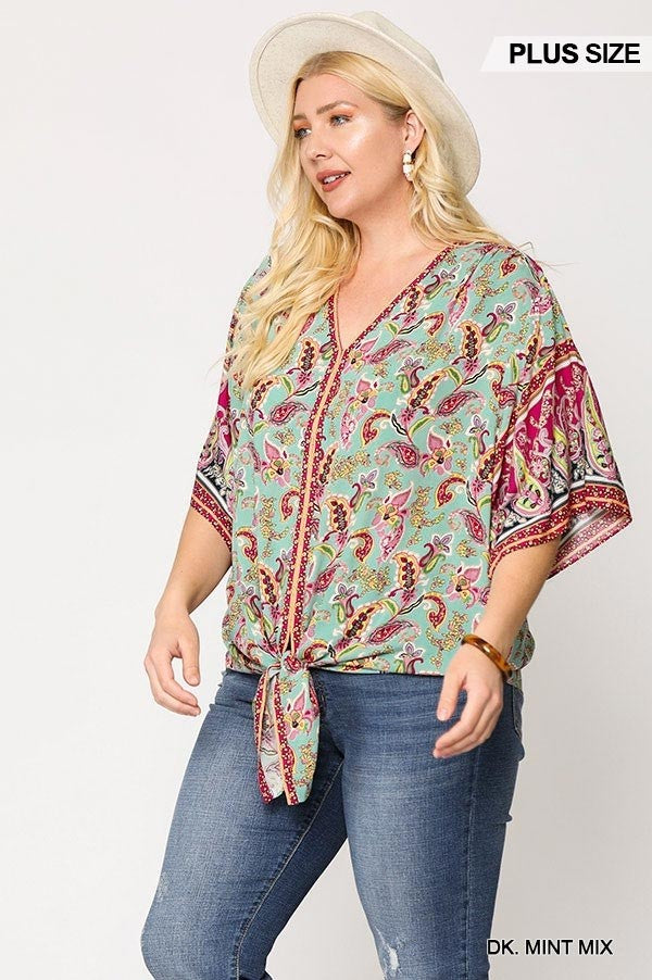 Paisley Printed V-neck Top With Front Tie