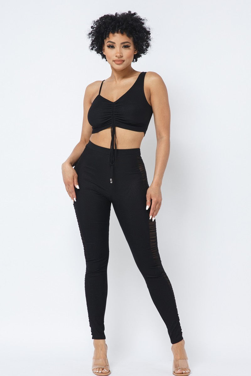 Mesh Strappy Adjustable Ruched Crop Top With Matching See Through Side Panel Leggings