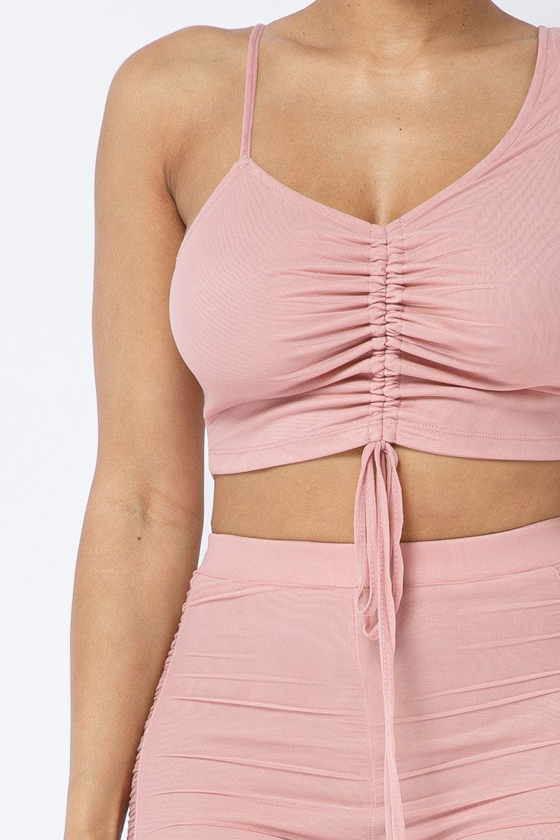 Mesh Strappy Adjustable Ruched Crop Top With Matching See Through Side Panel Leggings