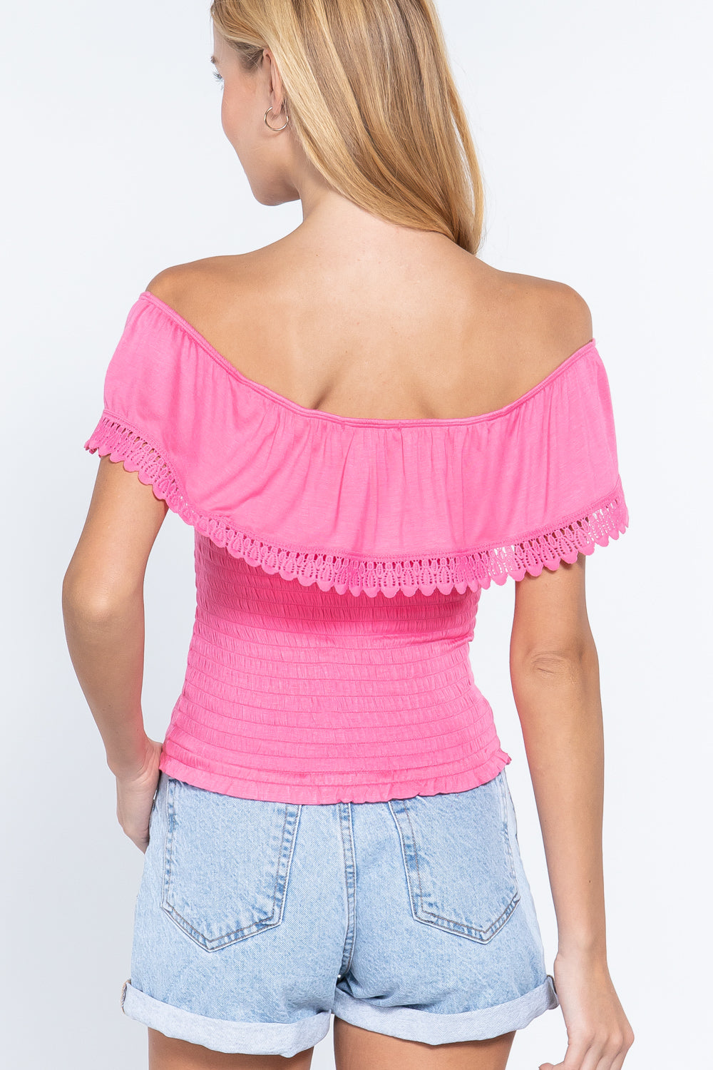 Off Shoulder W/lace Smocked Top