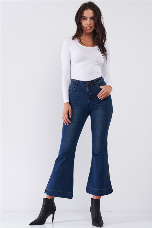 Blue Denim High Waisted Ankle Length Bell Bottom Flare Jeans