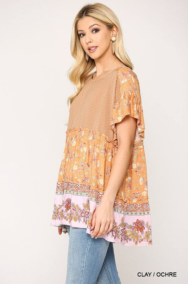 Dot And Floral Print Mixed Ruffle Top With Back Keyhole