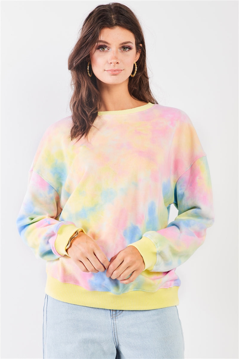 Pastel Multi Tie-dye Print Crew Neck Oversized Long Sleeve Sweatshirt