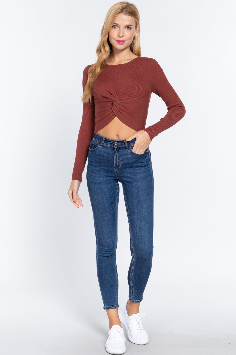 Crew Neck Knotted Crop Sweater